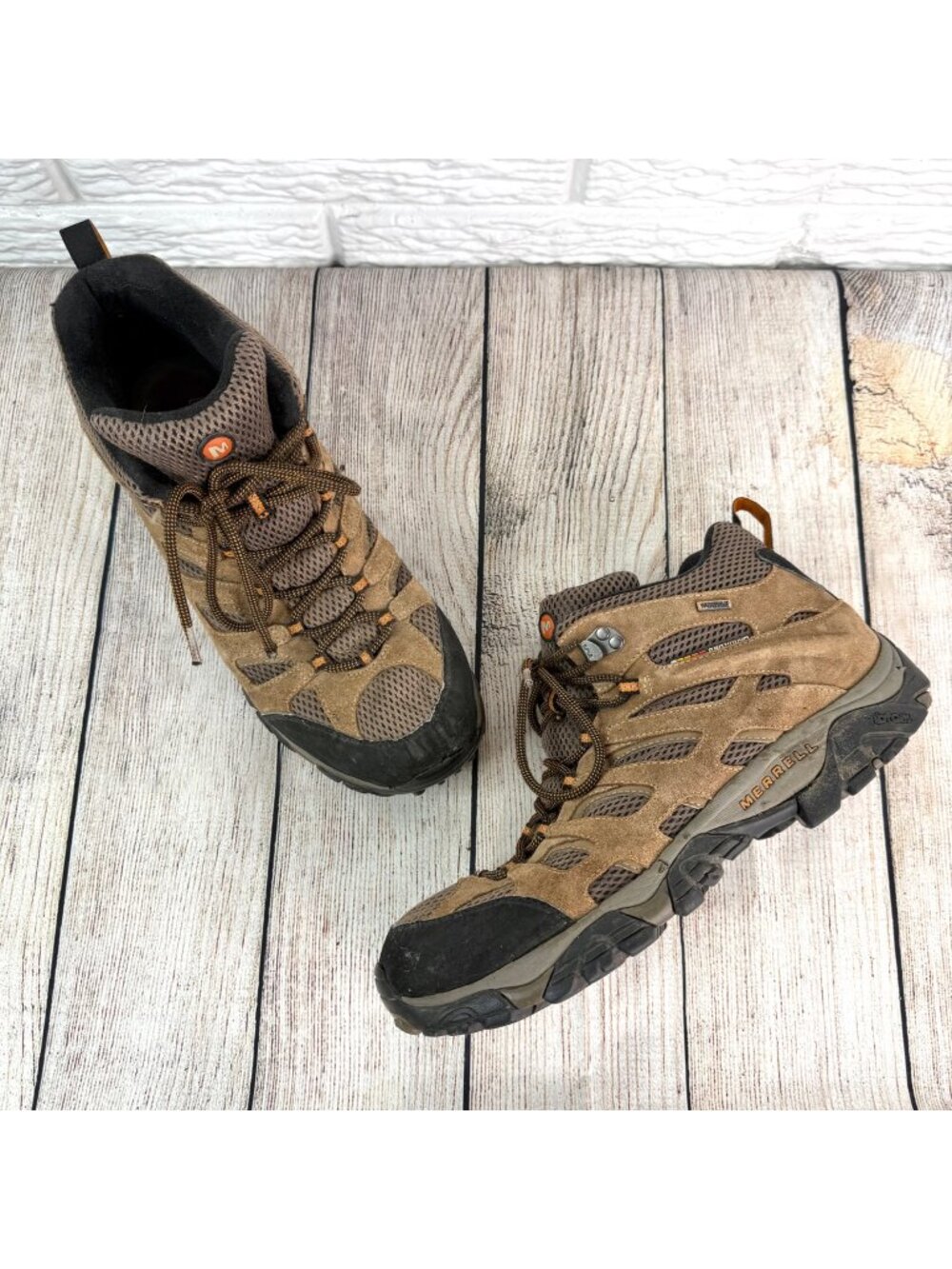 Merrell Mens Moab Earth Mid Waterproof Hiking Boots Vibram Sole Brown Size 13